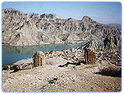 Ruins of centuries old hindu temples in salt range near Mari Indus (River Indus can be seen traversing through hills)